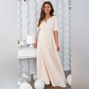 Beige Chiffon Bell Sleeve Maternity Maxi Dress - Pink Blush